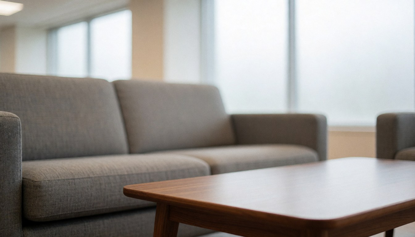 Textured gray sofa and wooden table in a professional sales room with diffused window light, ideal for commercial text backgrounds