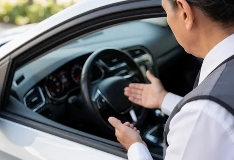 Professional salesperson explaining dashboard features of a white car from outside with interior visible
