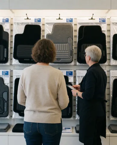 A customer and saleswoman examine car floor mats in a dealership showroom while looking at options displayed on the wall.
