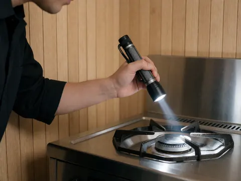 Technician checking a stainless steel stove with a flashlight in a room with light wood walls