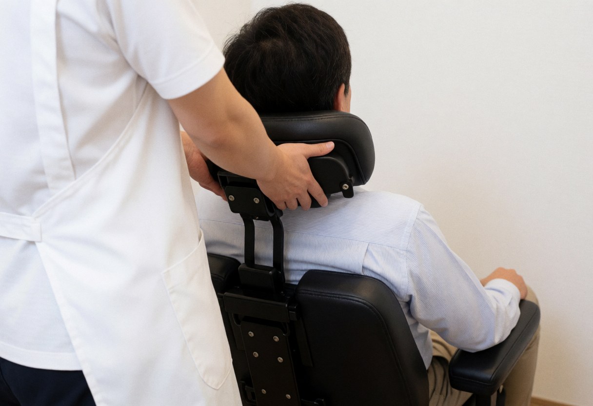 Shiatsu practitioner in white apron applying neck massage to client seated in black ergonomic chair against white wall