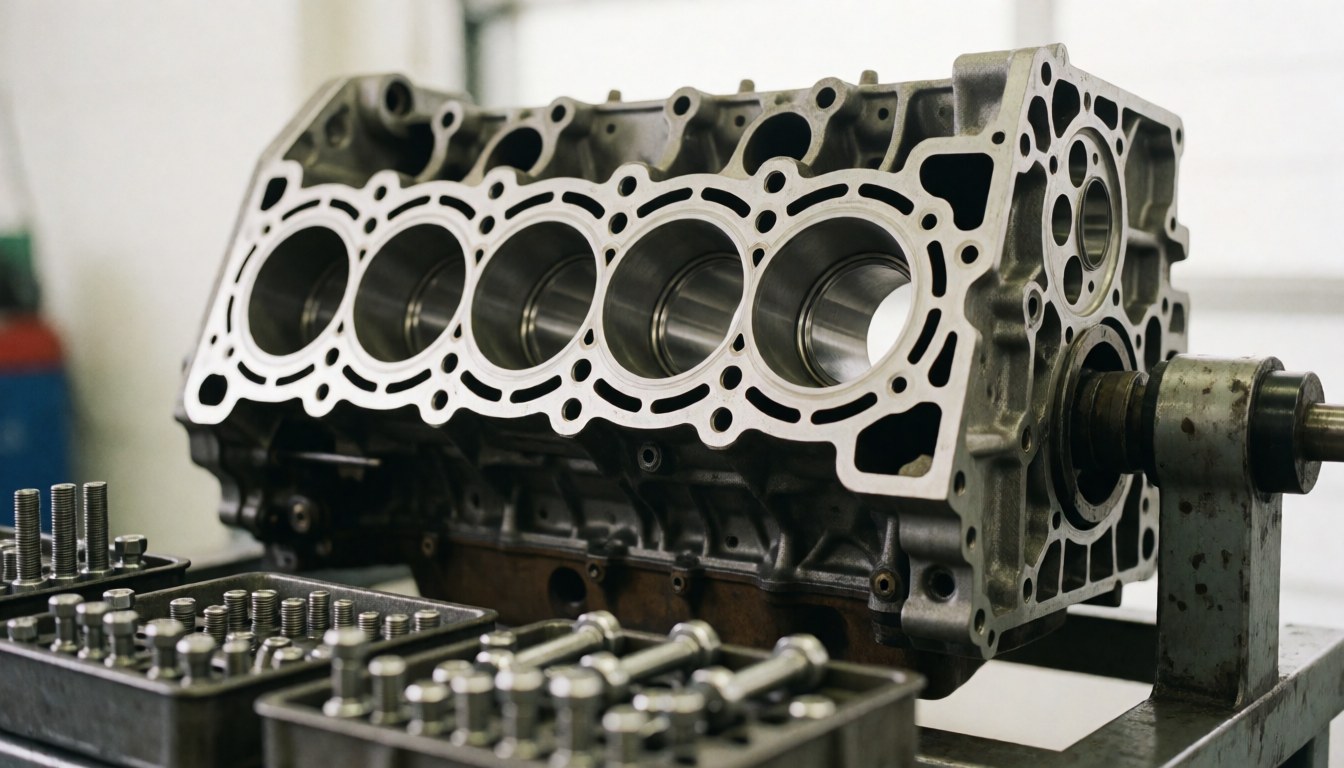 Stripped engine block with visible cylinders and screws in trays, set in a professional automotive repair shop with bright lighting.
