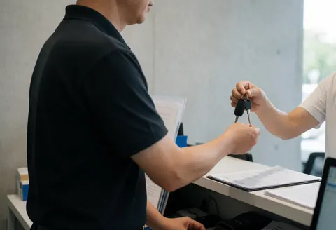 A salesperson hands vehicle keys to a customer at a dealership counter with documents and a concrete wall background.