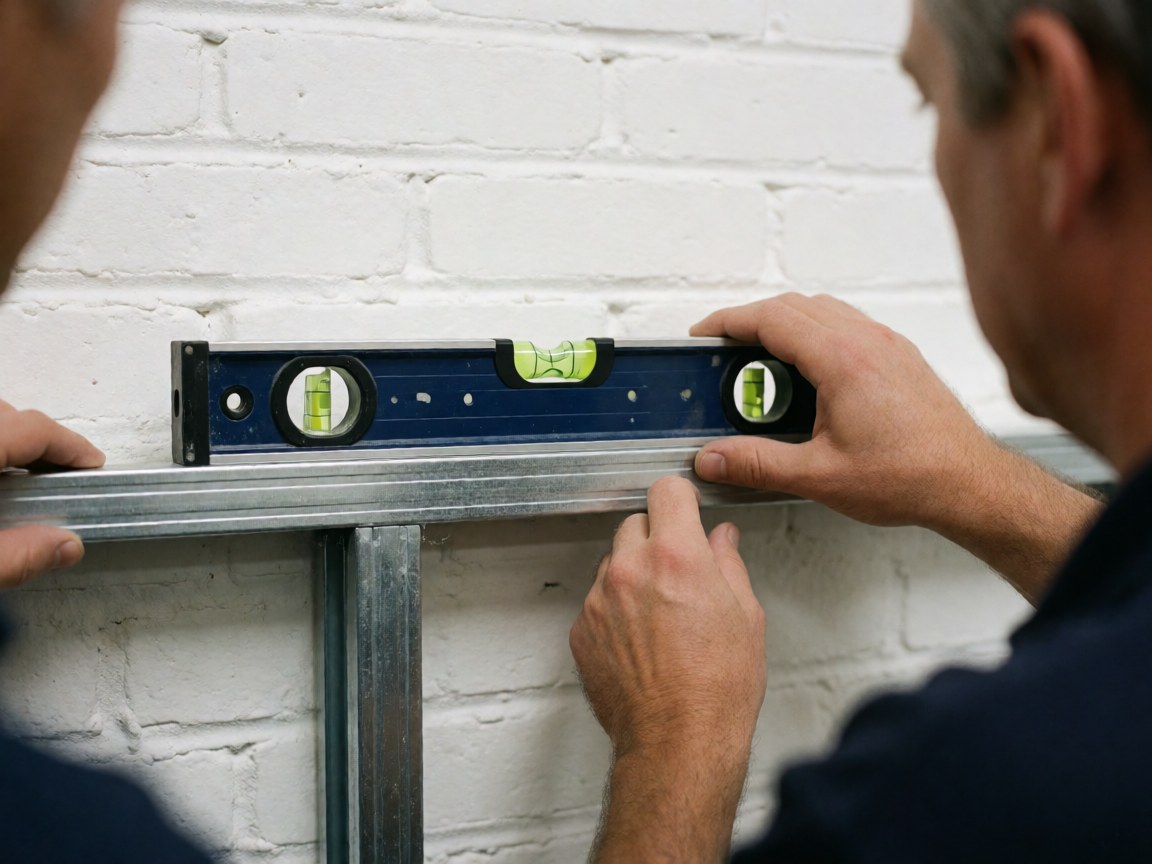 Metal bubble leveler with hands adjusting structure on white brick wall for precise assembly work
