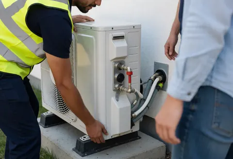 Technician in yellow vest installing heating unit on wall with connected pipes while client observes the process.