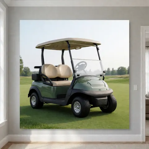 A framed print of a green golf cart with beige seats displayed on a gray wall in a room with wood flooring.
