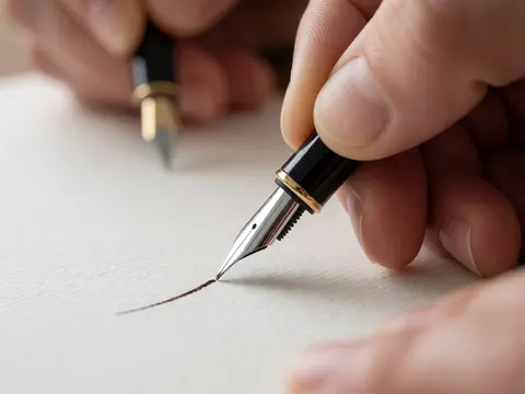 A black ink pen with gold details writes a dark line on textured paper. Adult hands hold the pen precisely with a blurred background.