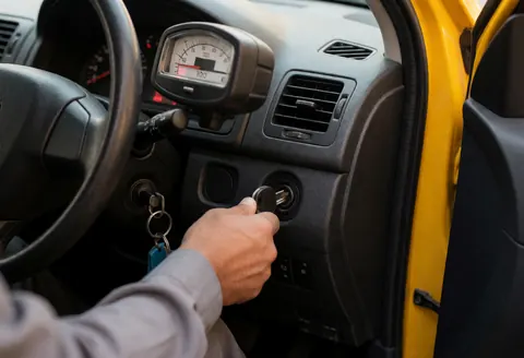 Close-up of a driver's hand turning the key in the ignition of a yellow taxi, showing the dashboard and gauges with warm realistic lighting.