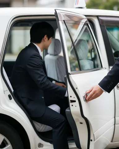 A man in a suit enters a white taxi while the driver opens the door. The interior is clean with natural light, highlighting professional service.