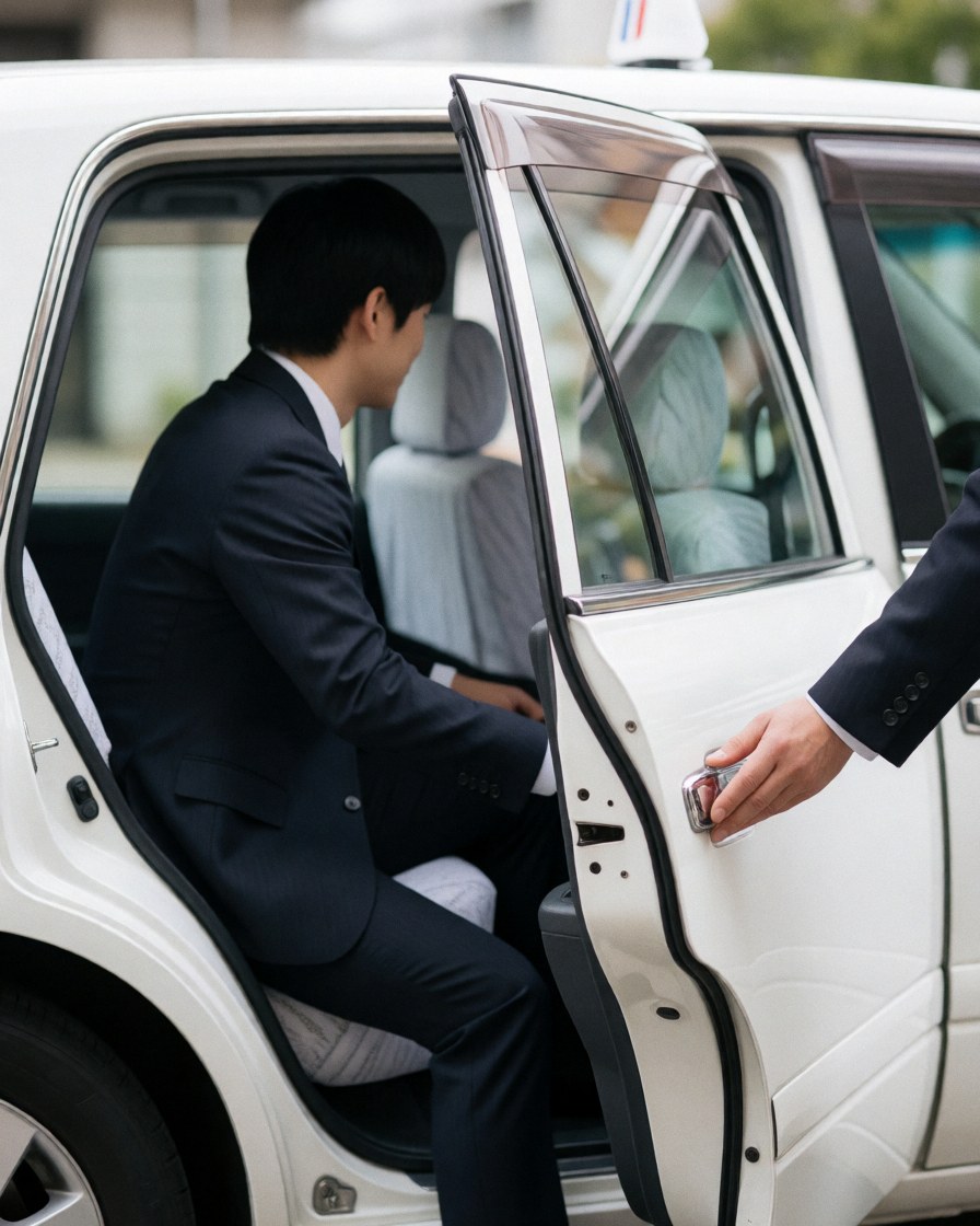 A man in a suit enters a white taxi while the driver opens the door. The interior is clean with natural light, highlighting professional service.