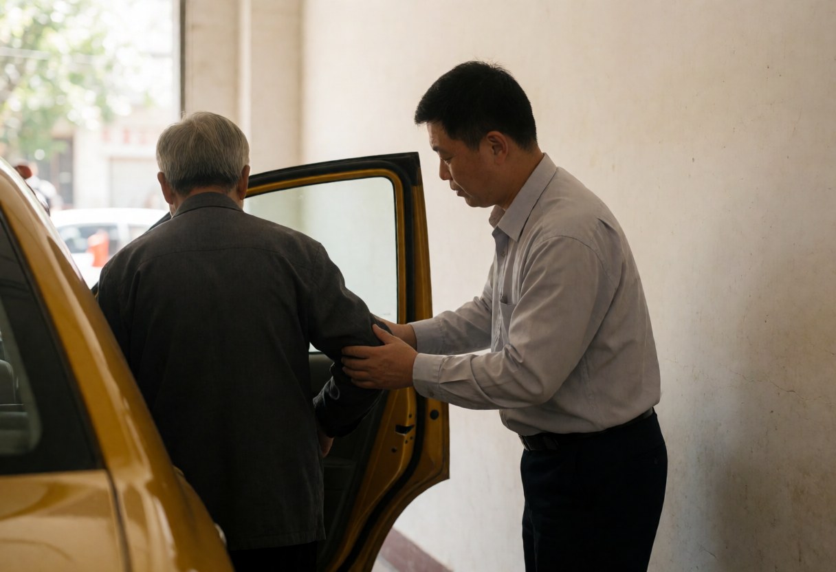 A taxi driver helps an older passenger enter the car, showing attentive service in a realistic outdoor setting with natural light.