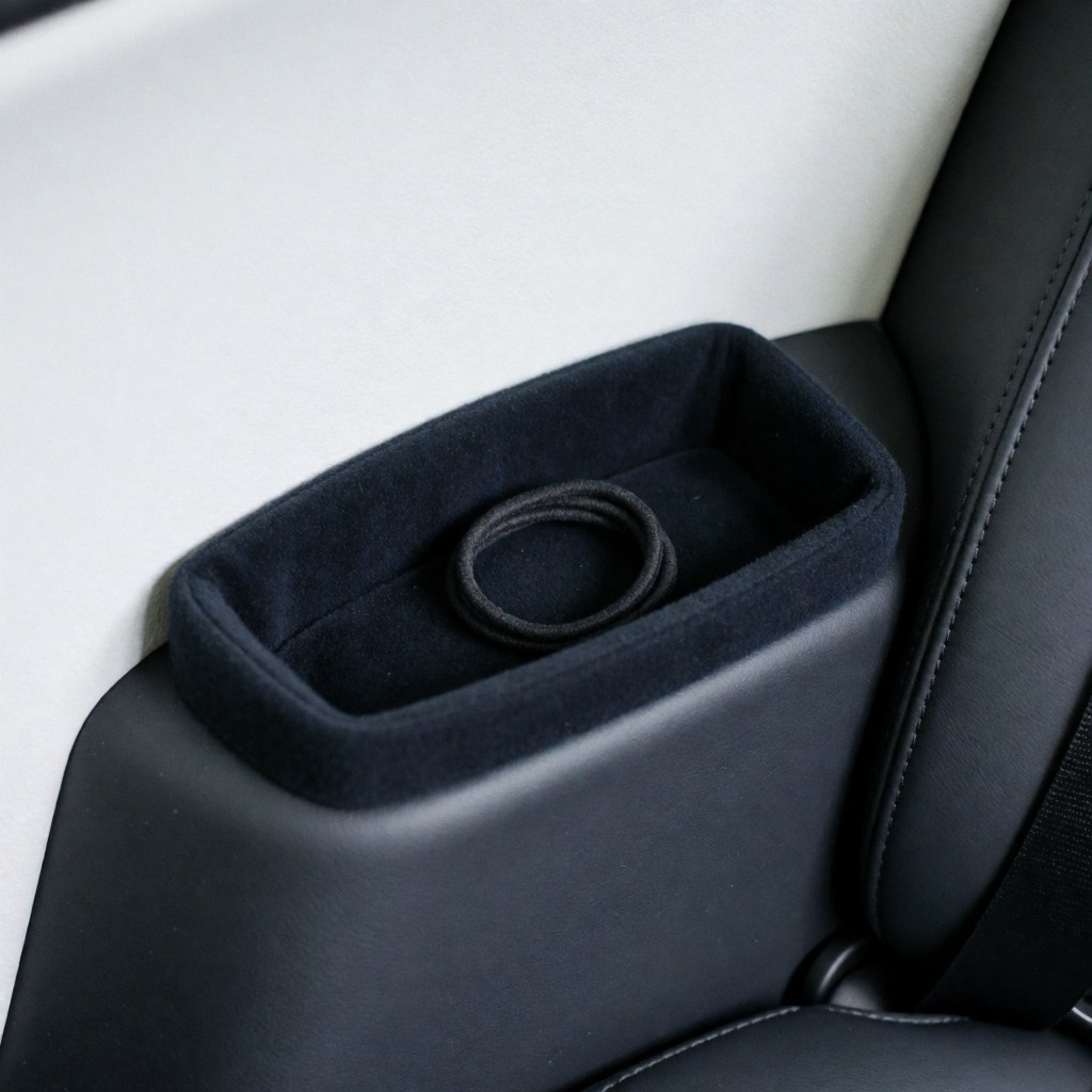 Close-up of a black cushion with an elastic hair tie placed on a taxi seat against a clean white wall