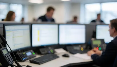 Professional call center background with computer monitors and radio equipment, suitable for text overlay with cool lighting and blurred tech details.