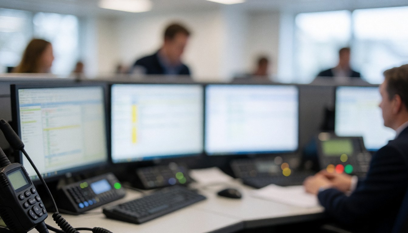 Professional call center background with computer monitors and radio equipment, suitable for text overlay with cool lighting and blurred tech details.