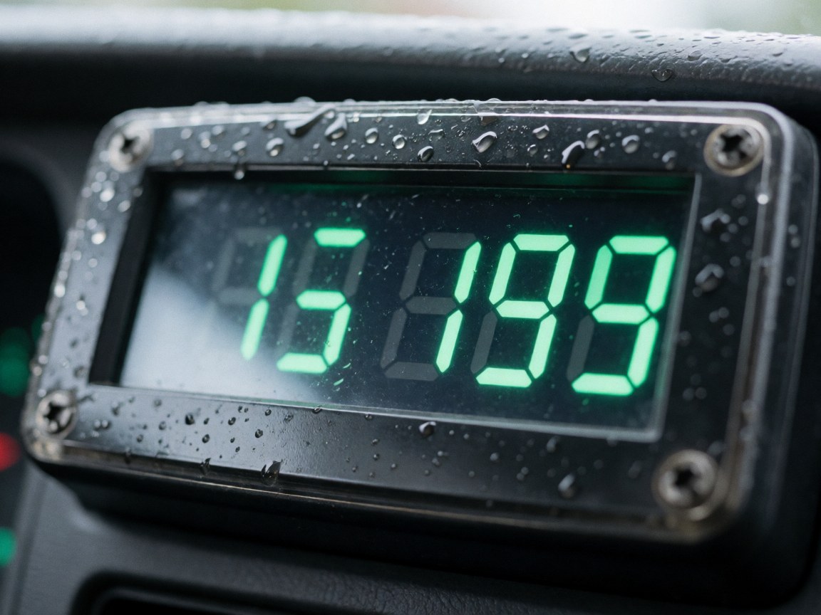 Digital taxi meter displaying green time and fare against a dark background with raindrops on the plastic casing inside a vehicle