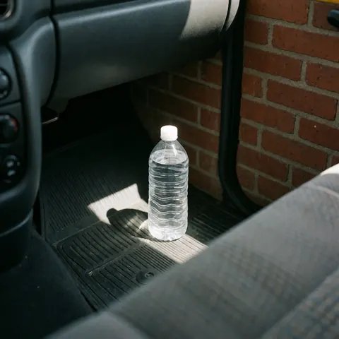 Clear water bottle on black taxi floor with sunlight highlighting white cap and red brick wall background