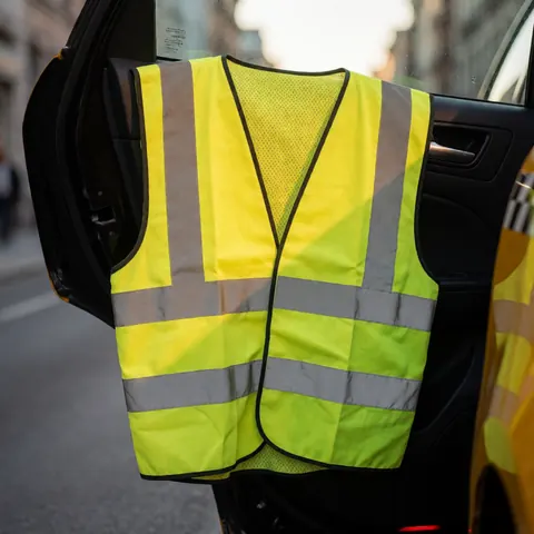Yellow reflective safety vest with mesh and reflective strips hanging on a taxi door in an urban street at sunset