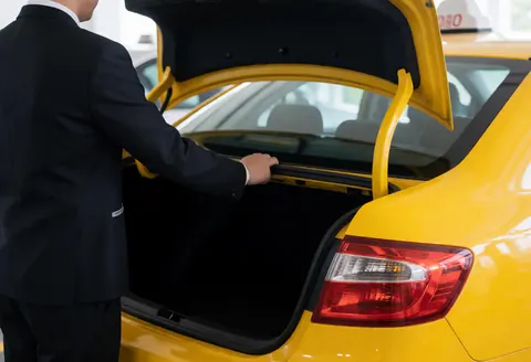 A taxi driver closes the trunk of a yellow vehicle, demonstrating professionalism and attention to detail in the service.