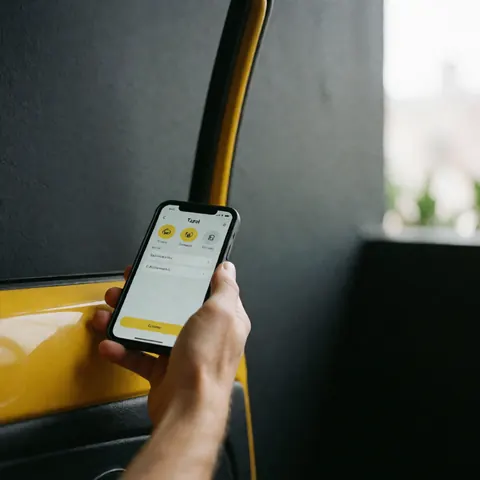 Hand holding smartphone with taxi app resting on yellow taxi door against gray background with copy space