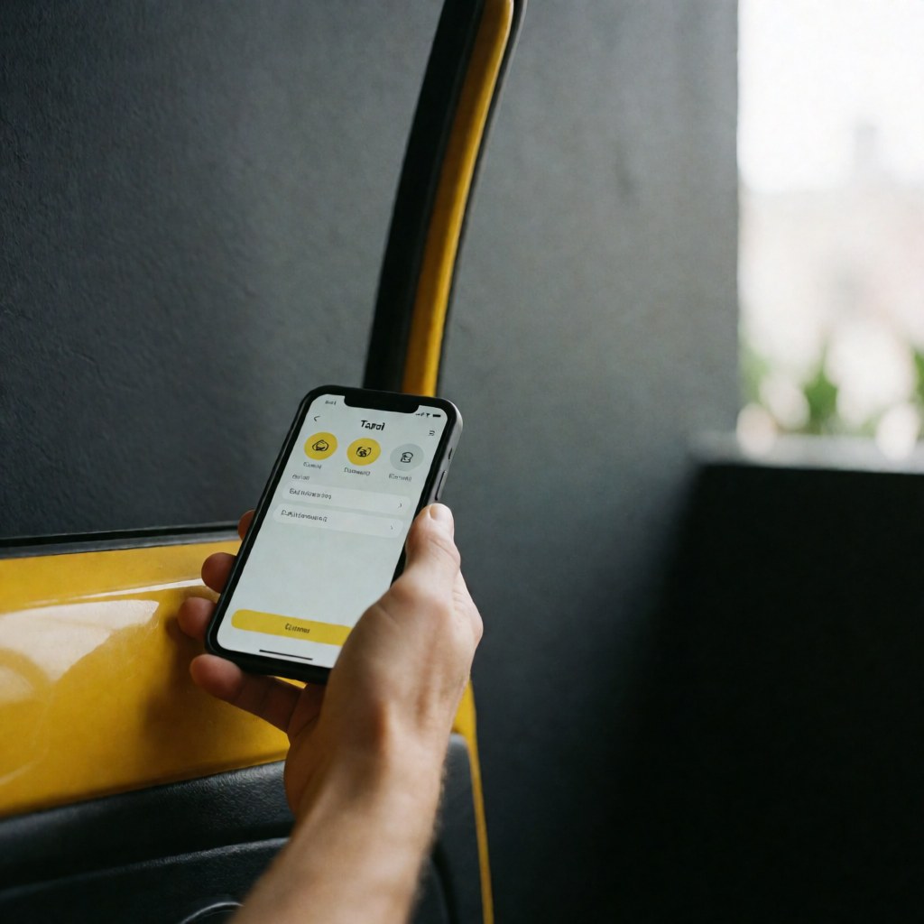 Hand holding smartphone with taxi app resting on yellow taxi door against gray background with copy space