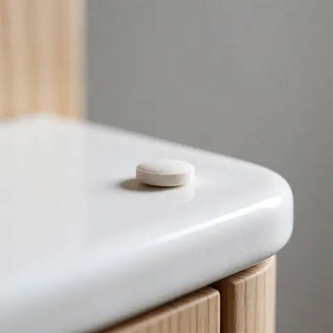 White sublingual tablet resting on a white marble countertop with a blurred gray background and light wood wall under soft natural lighting