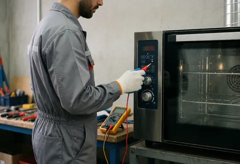 Technician inspecting an electric oven using a multimeter in a well-lit workshop with tools on a workbench, focusing on precision and safety.