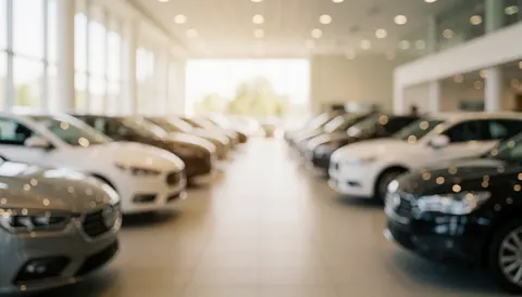 Warmly lit car dealership interior with vehicles lined up, featuring soft depth of field and blurred background ideal for text overlay