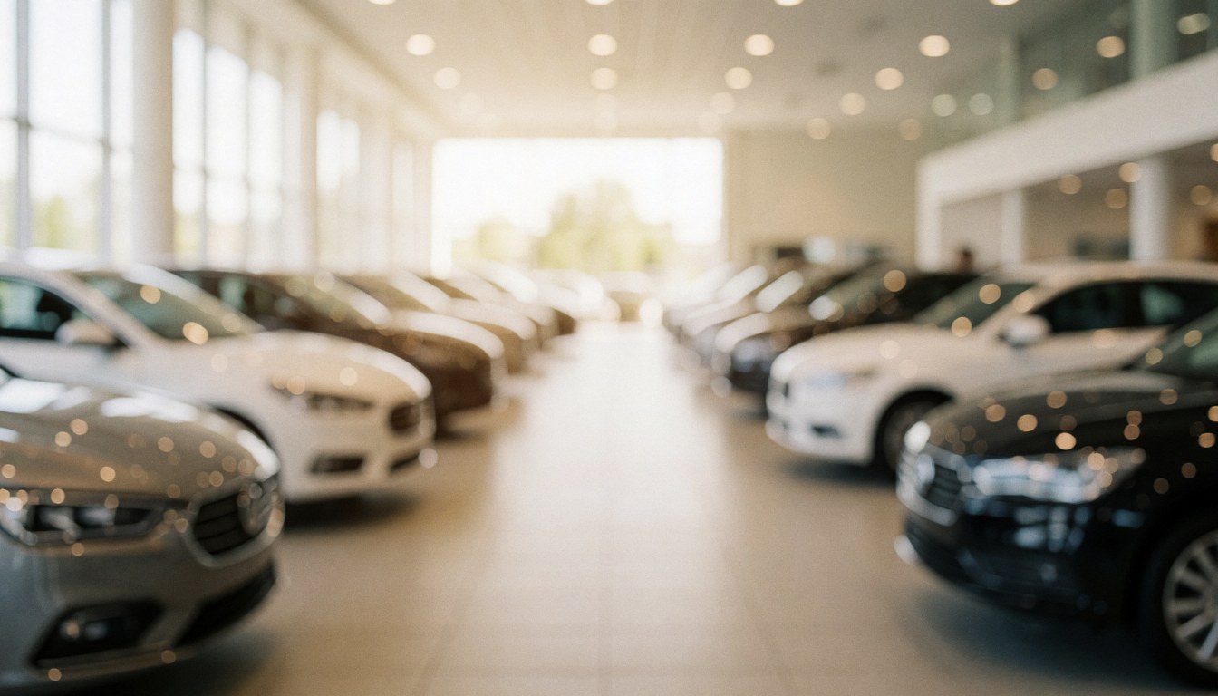 Warmly lit car dealership interior with vehicles lined up, featuring soft depth of field and blurred background ideal for text overlay