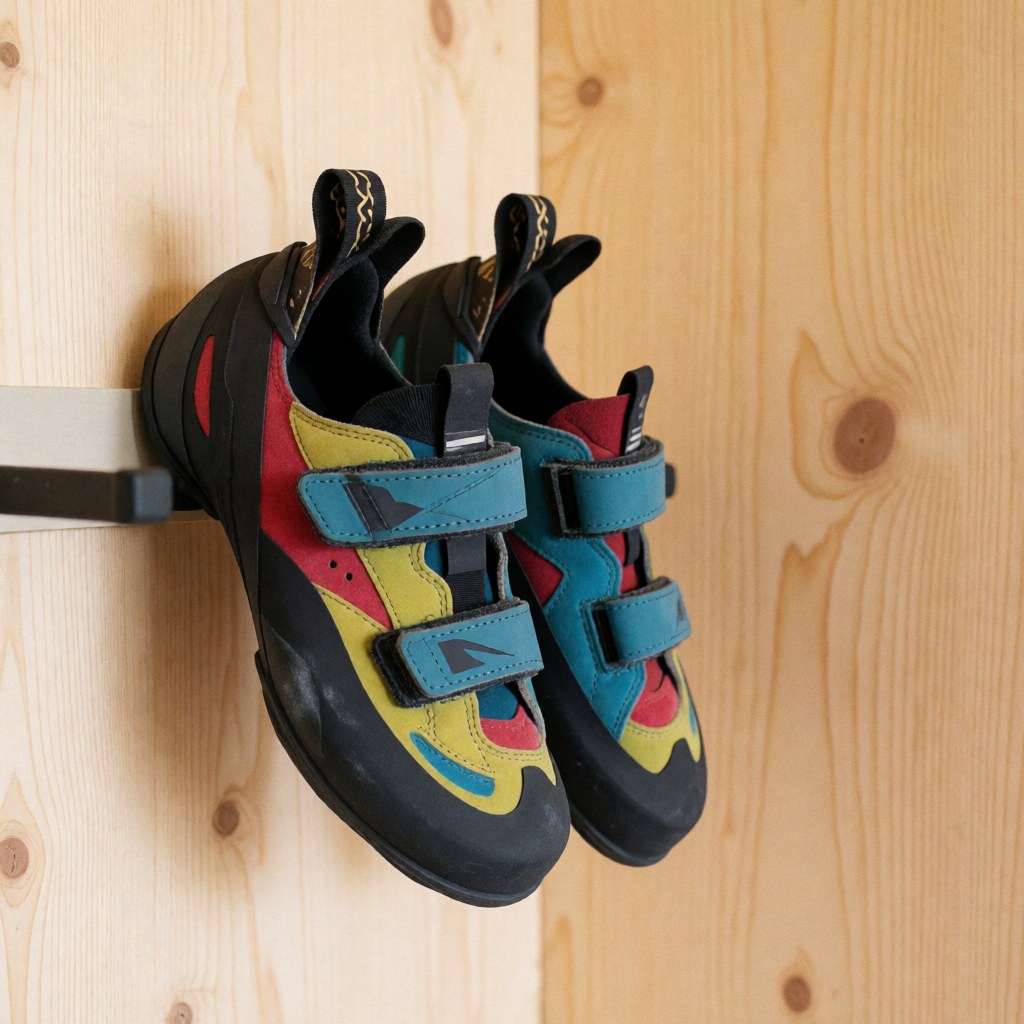 Colorful climbing shoes with velcro laces hanging on a light wooden wall rack, illuminated by natural light