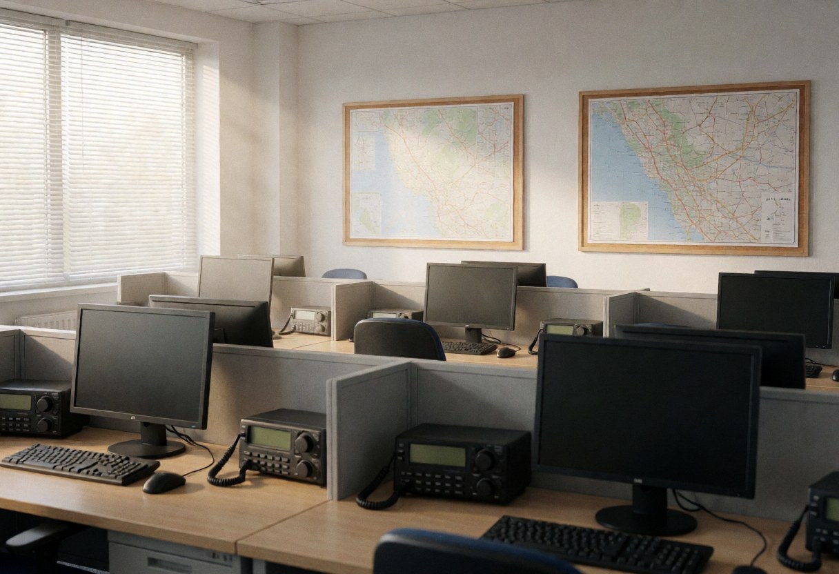 Empty taxi dispatch office featuring desks, computers, radios, and wall maps with natural light from a window, suitable for transportation service websites