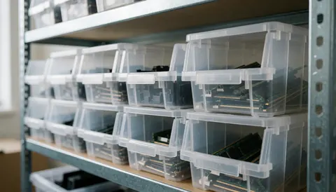 Clear storage containers holding computer RAM modules arranged on a metal shelving unit with soft lighting and a blurred background suitable for text overlay