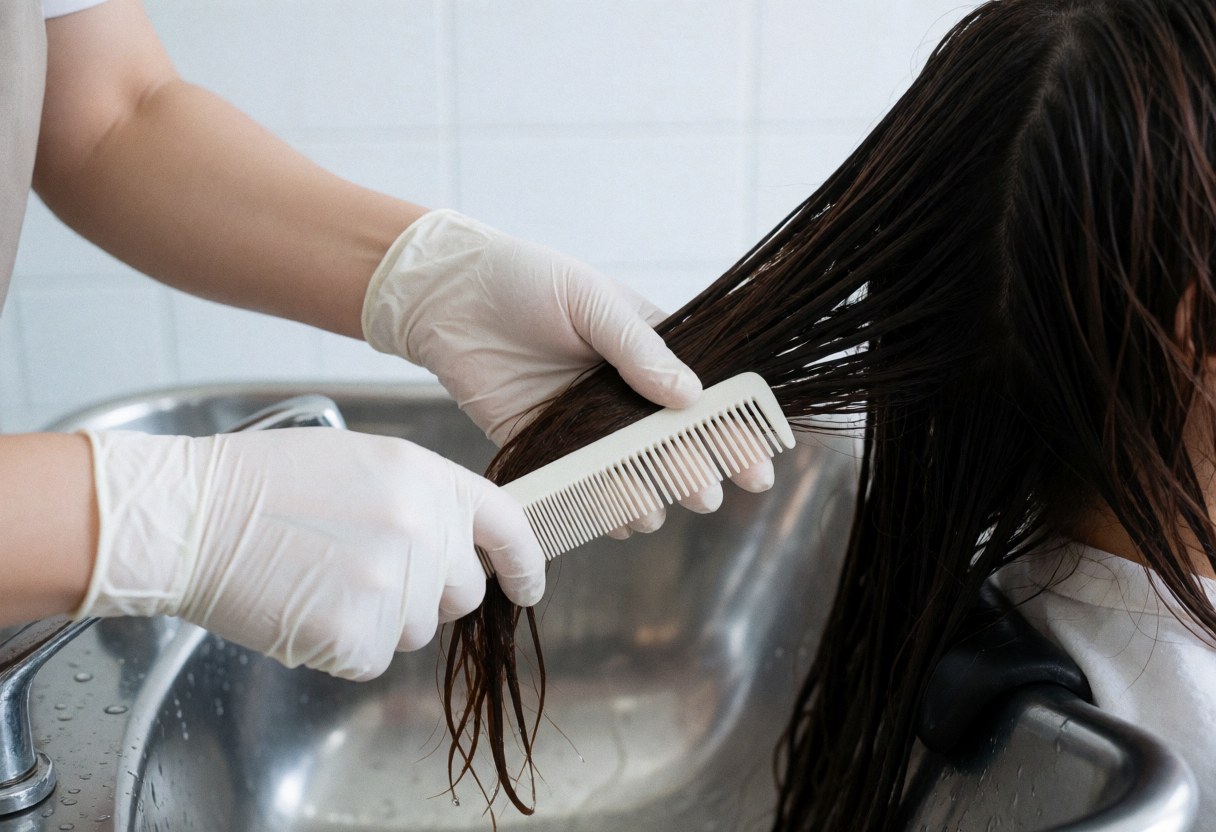 Stylist wearing white gloves combs wet dark hair extensions with a wide-tooth comb over a stainless steel sink in a tiled salon.
