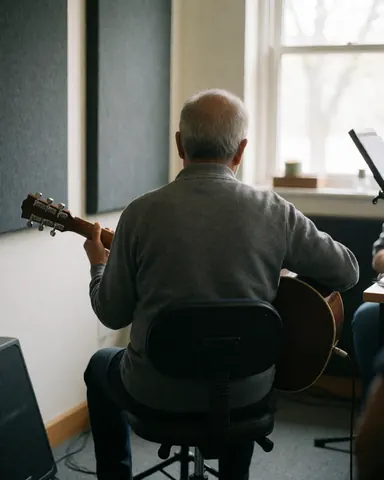 Senior person playing acoustic guitar in a music rehearsal room with acoustic panels and natural light