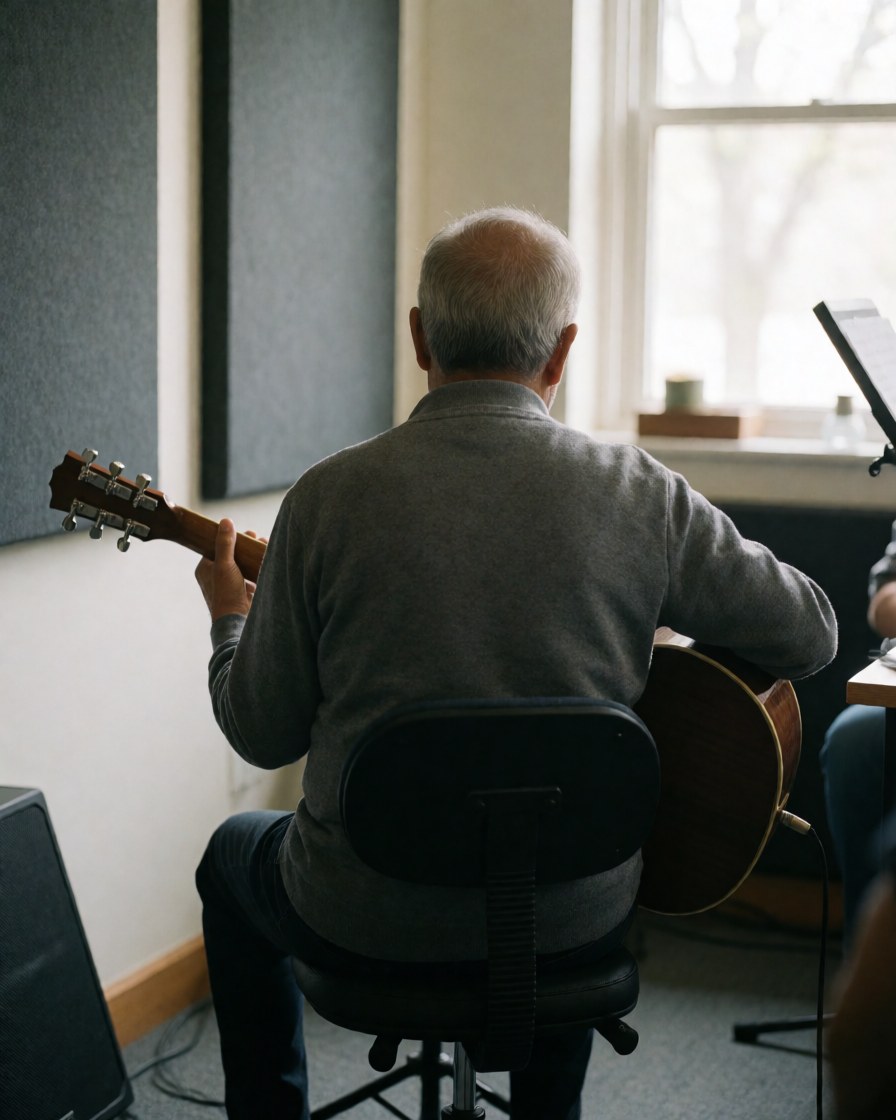 Senior person playing acoustic guitar in a music rehearsal room with acoustic panels and natural light