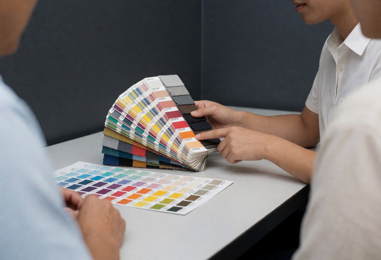 A color consultant reviews fabric swatches and color cards on a white table with gray walls, showing tone selections for a design project.