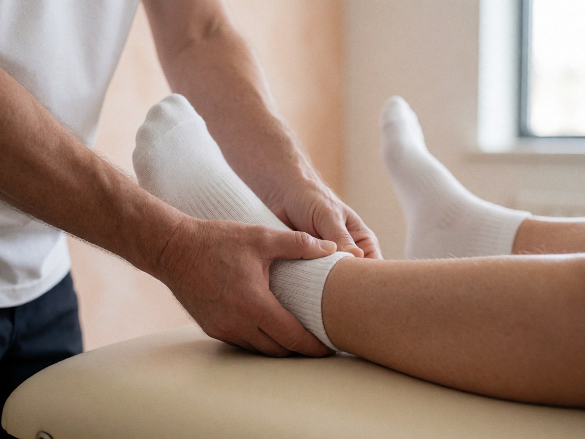 Close-up of a therapist's hands performing a sports massage on a patient's ankle while wearing white socks in a bright clinic.