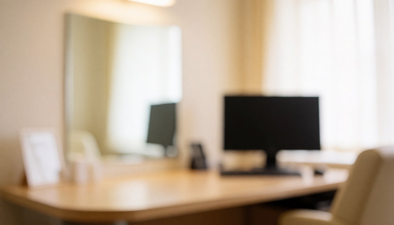 Soft focus medical consultation room featuring a desk, computer, mirror, and chair with warm lighting, suitable for text overlay