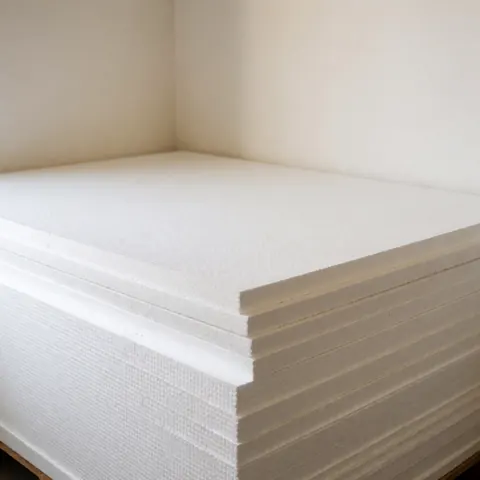 Stack of white textured thermal insulation panels piled in a warehouse corner with cream walls and soft natural light