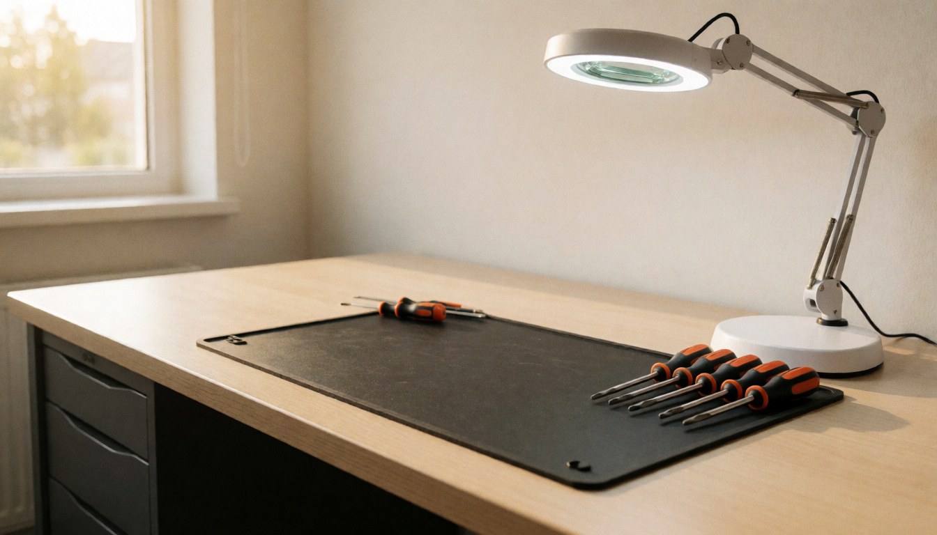 Mobile phone repair workspace featuring an anti-static mat, screwdrivers, and a magnifying light illuminated by sunset glow