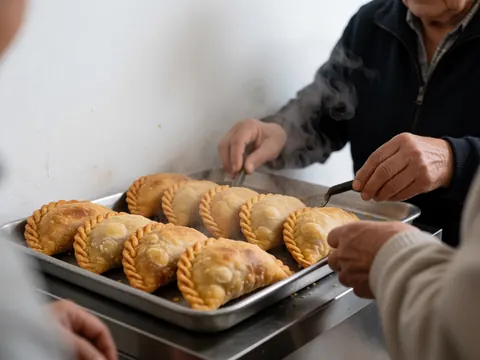 Freshly baked hot empanadas on a metal tray with rising steam, being served by hands at a mobile food stand.