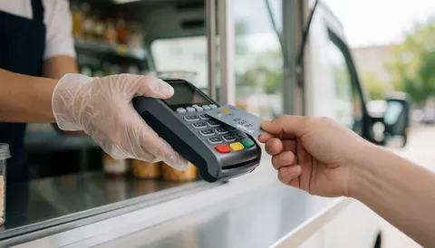 Customer pays with card at mobile vendor truck. Vendor holds card reader. Products on shelves. Natural light.