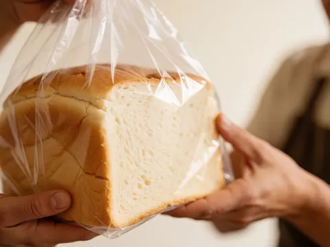 Close-up of adult hands holding a loaf of fresh white bread wrapped in clear plastic, showing the crust and texture with a blurred background