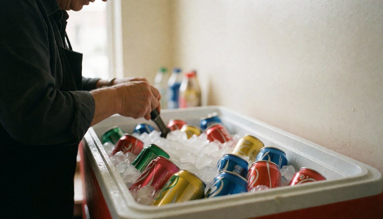 Adult employee placing colorful soft drinks into a cooler filled with ice in a cream-colored indoor setting with soft natural light