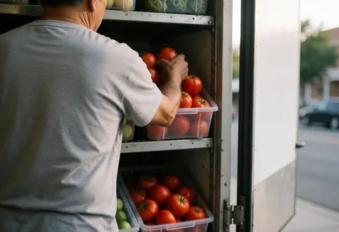 A worker places red tomatoes into plastic boxes inside an open market truck during sunset with a blurred street background