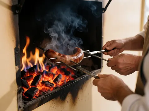 Close-up of grilled chorizo sizzling on charcoal inside a mobile food truck with visible smoke and flames.