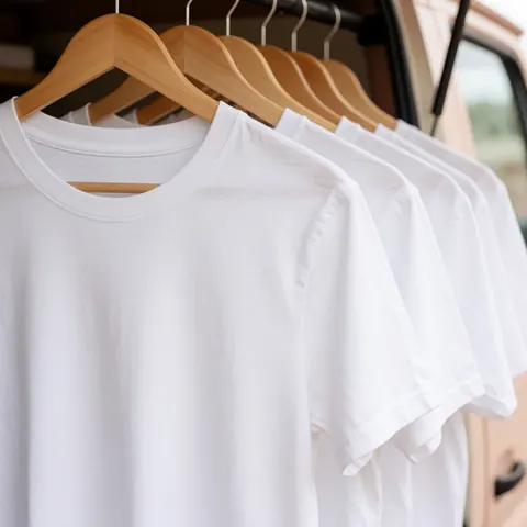 Plain white t-shirts on wooden hangers hanging in the back of a truck with soft natural light and blurred background