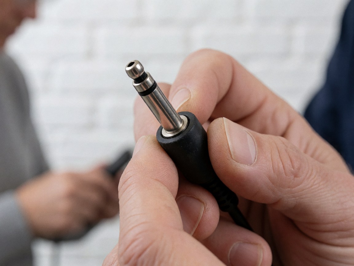 Close-up of hands holding an audio connector with shiny metallic details against a blurred white brick wall background