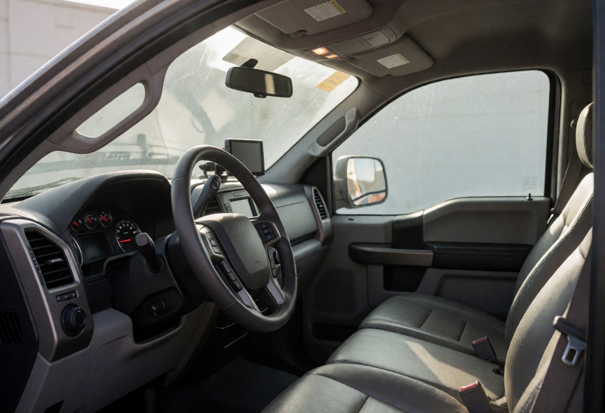Bright interior of a clean pickup truck featuring a steering wheel, dashboard, and leather seats with sunlight streaming through the windshield.
