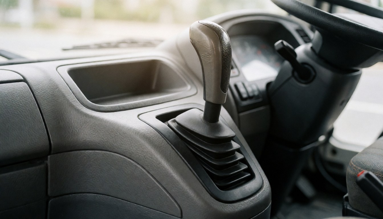 Close-up of a truck gear shift featuring a metal handle, textured plastic console, and diffused natural lighting, suitable for commercial text backgrounds.