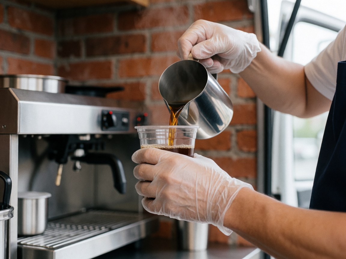 Gloved hands pour hot coffee from a stainless steel pitcher into a clear plastic cup with steam rising against a red brick wall.